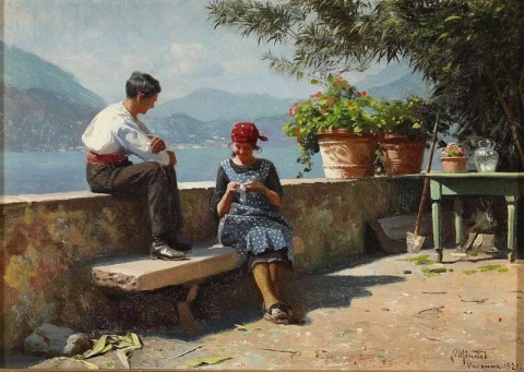 Twee Italianen genieten van het uitzicht op het meer, komen uit Varenna, 1921