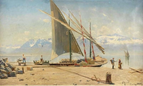 Steen uit een schip lossen in Ouchy Lac Leman, 1887