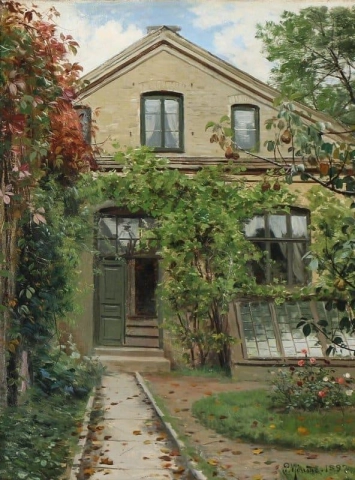 Näkymä talosta, jossa on puutarha, alkusyksystä 1897