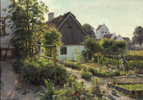View From Hjemb K In The Summertime With An Old Woman Watering Flowers 1924
