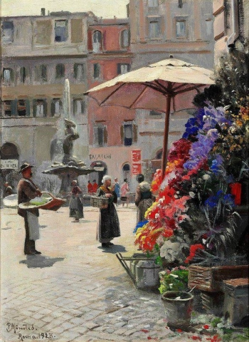Uitzicht op Piazza Barberini in Rome met een bloemenkraam en de Triton-fontein, 1928