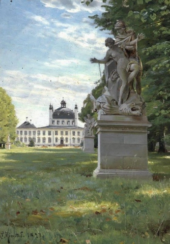 Uitzicht op het park van kasteel Fredensborg met een van de sculpturen van Wiedewelt op de voorgrond en het kasteel op de achtergrond, 1893