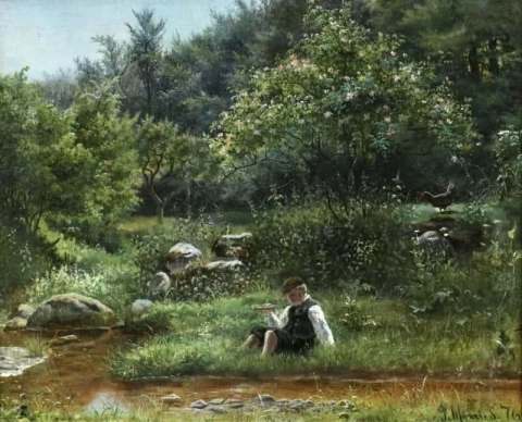 Ung gutt fiske ved bekk 1876