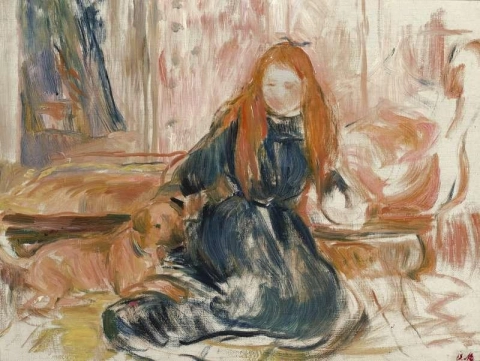 Jente leker med en hund 1892