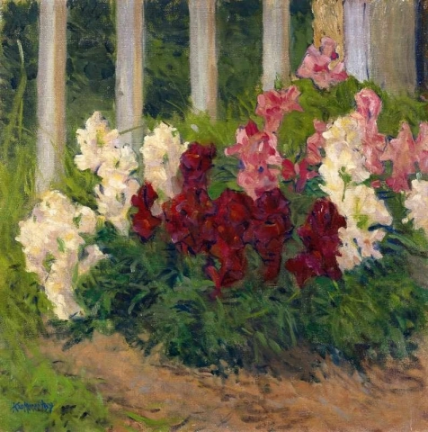 Blommor före ett trädgårdsstaket 1909