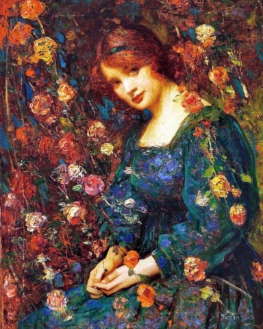 Mulher Flora em um vestido verde entre rosas em crescimento, por volta de 1904