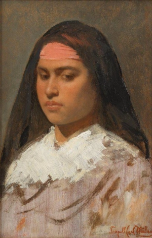 Portrett av en dame som bærer et rosa pannebånd