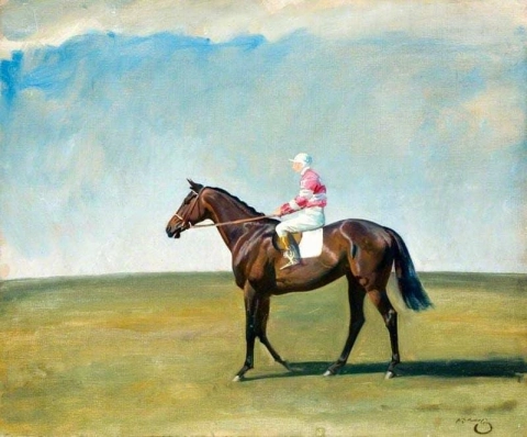 Un caballo de carreras de bahía con jockey en colores de rayas rosas y blancas en un paisaje