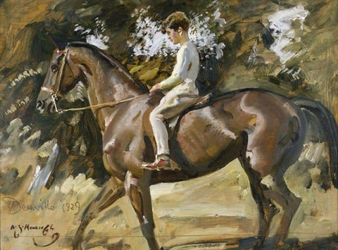阿图罗·冯·施罗德斯 (Arturo Von Schroeders) 在风景研究中骑着一匹马球，约 1929 年