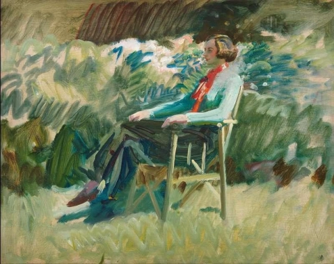 Buzzie Finch en el jardín de Munnings en Hamiltons Withypool Somerset 1912