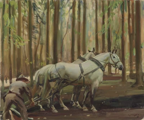 الرجل والخيول يرسمان الأخشاب