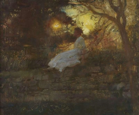 Portret van Florence Munnings bij zonsondergang 1912