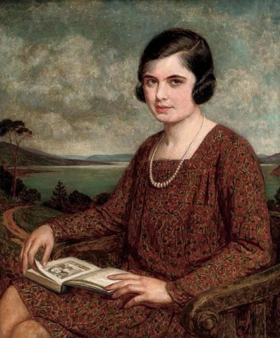 Retrato de uma senhora sentada com três quartos de comprimento, um livro no colo, uma paisagem além