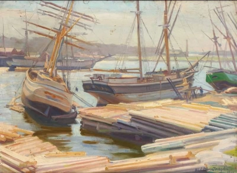 Ein Hafenblick mit Segelschiffen an einem Dock 1910