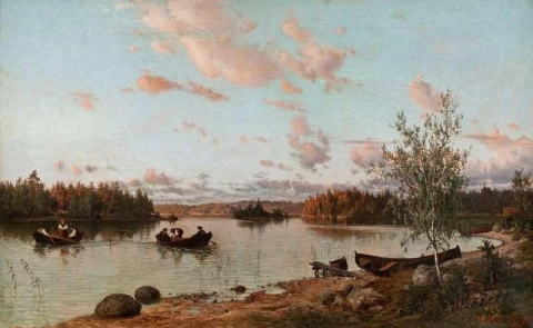 Joenranta auringonlaskun aikaan 1872