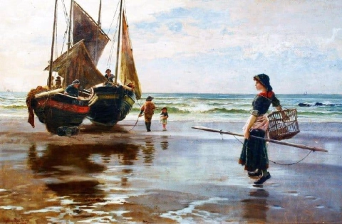 Een meisje met een visnet naast boten op een kustlijn, 1888