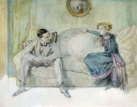Mr och Mrs Jack Courtauld och deras dotter Jeanne på en soffa ca 1913-14
