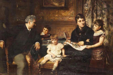 Et portrett av en familie samlet rundt et bord 1881