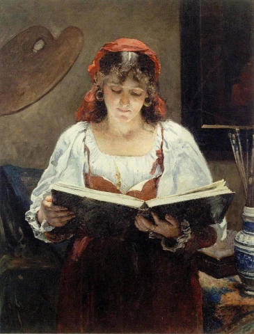 En italiensk skönhet som tittar på ett album i konstnärens studio 1886
