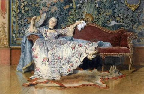 En tilbakelent dame med vifte 1876