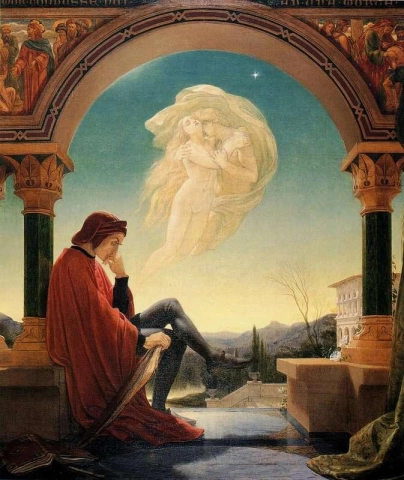 Dante som mediterer episoden av Francesca Da Rimini og Paolo Malatesta