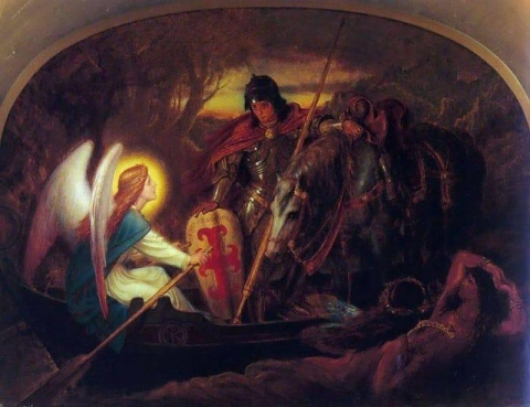 Wie ein Engel Sir Galahad über die letzte Mutter ruderte (1888).