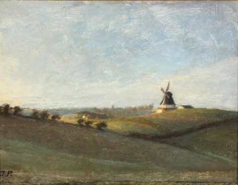 Uma paisagem com um moinho de vento ao sol da tarde