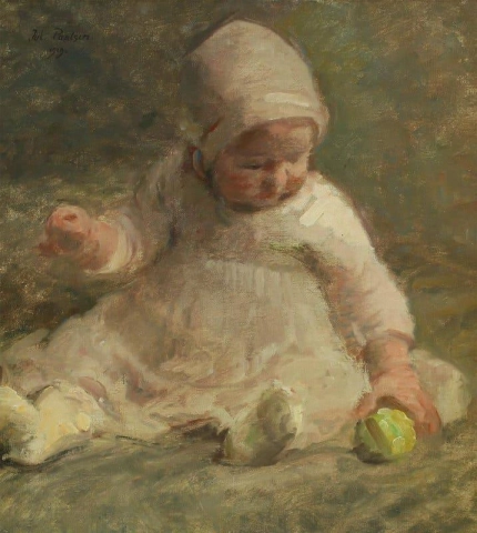 En liten flicka leker med ett grönt äpple 1919