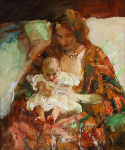 En kvinna med ett litet barn i knäet 1930