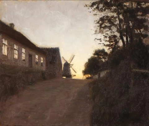 Abendlandschaft mit einer Mühle bei Sonnenuntergang