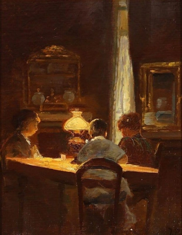 등유 램프 불빛 옆에서 세 명의 여성과 함께하는 저녁