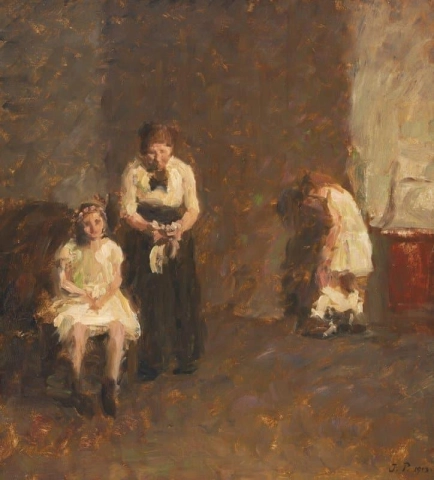 Interieur met meisjes die zich aankleden, 1913