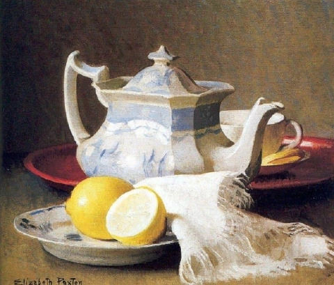 Stillleben mit Teekanne und Zitronen
