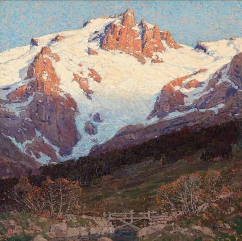 Passarela abaixo dos picos cobertos de neve, cerca de 1921-23
