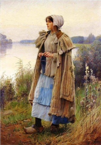 野原での編み物 1890 年頃