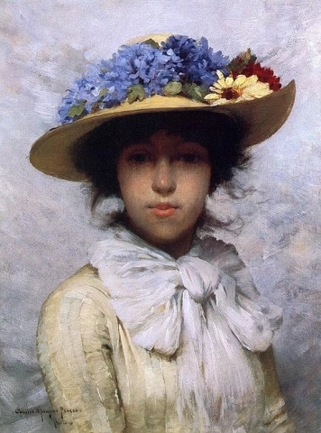 Donna in abito bianco e cappello di paglia 1880