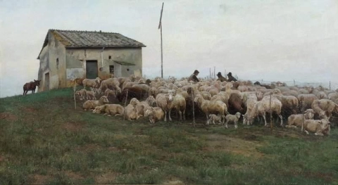 Un rebaño de ovejas y sus pastores en la campaña romana 1883