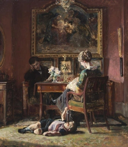A Living Room Interior With Three Figures