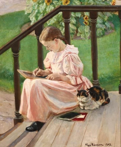 Uma jovem com um vestido rosa em uma escada