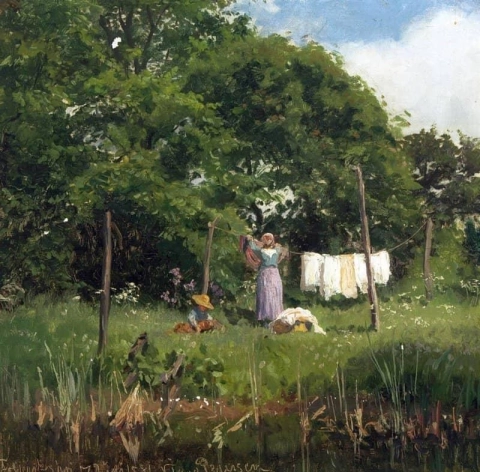 Scenario di giardino con una donna che asciuga il bucato 1884