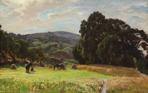 夏の日に野原で草を食む馬 1916 年