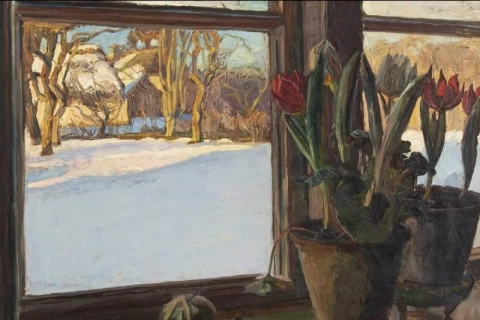Stilleven met tulpen in een raam