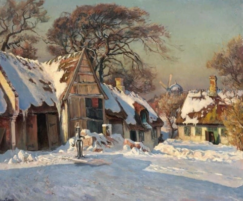 Vinterscen Med Två Kvinnor På En Snötäckt Innergård. Förmodligen från Konstnärens hem Carlsberg i Hilleröd 1902