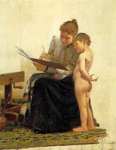 Mevrouw Peel bij schildersezel met dochter
