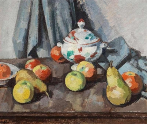 有盖碗和水果的静物，约 1926 年