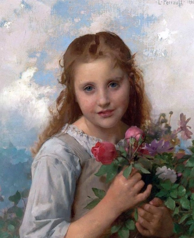Liten jente med en bukett blomster