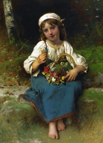 Ung flicka med en korg med blommor 1880