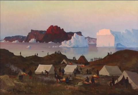 夕暮れのグリーンランドの海岸集落