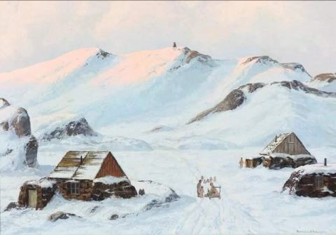 그린란드의 한 마을에 있는 가족과 그들의 썰매개들