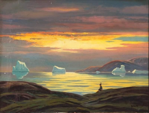 Una costa groenlandese con una donna che guarda il tramonto